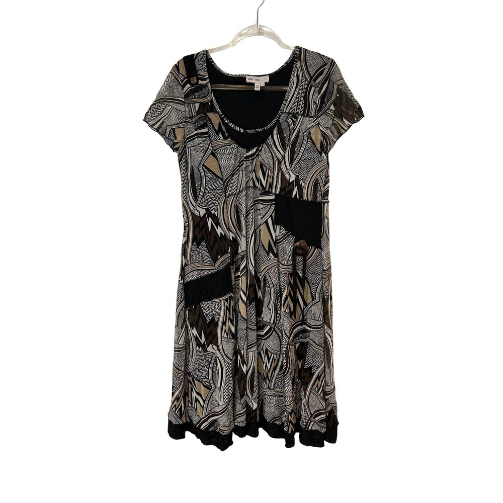 Lana Lee Geometric Abstract Print Dress Women L Black Brown Short Sleeve Midi